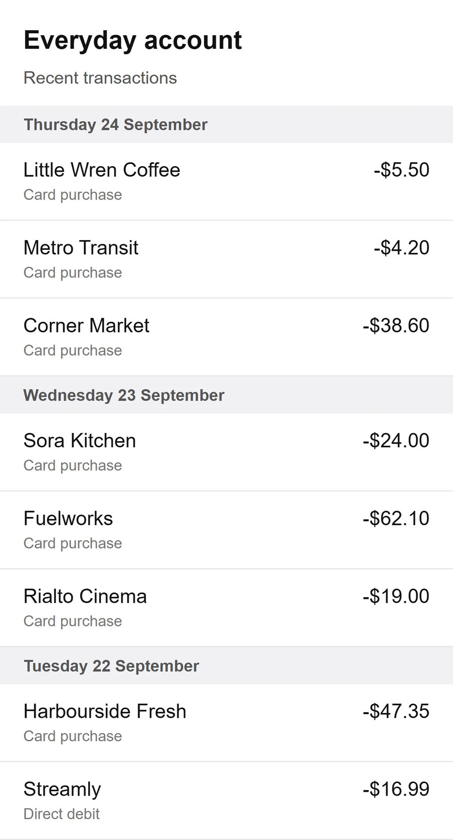 A screenshot from a banking app: recent card purchases.