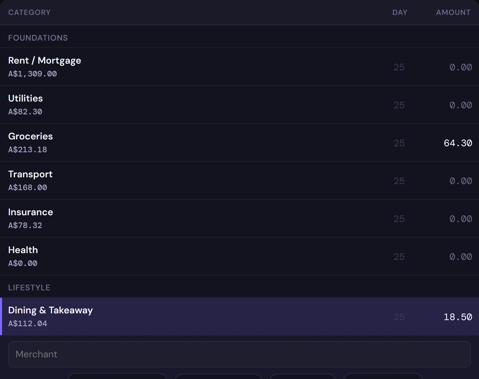The bulk-entry grid: categories down the side, a day and an amount box for each.