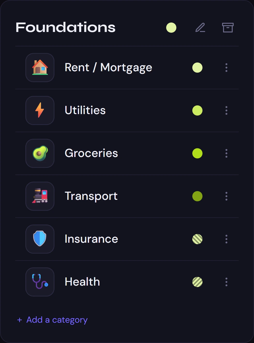 The Foundations group: Rent, Utilities, Groceries, Transport, Insurance, Health, each with its emoji and colour.
