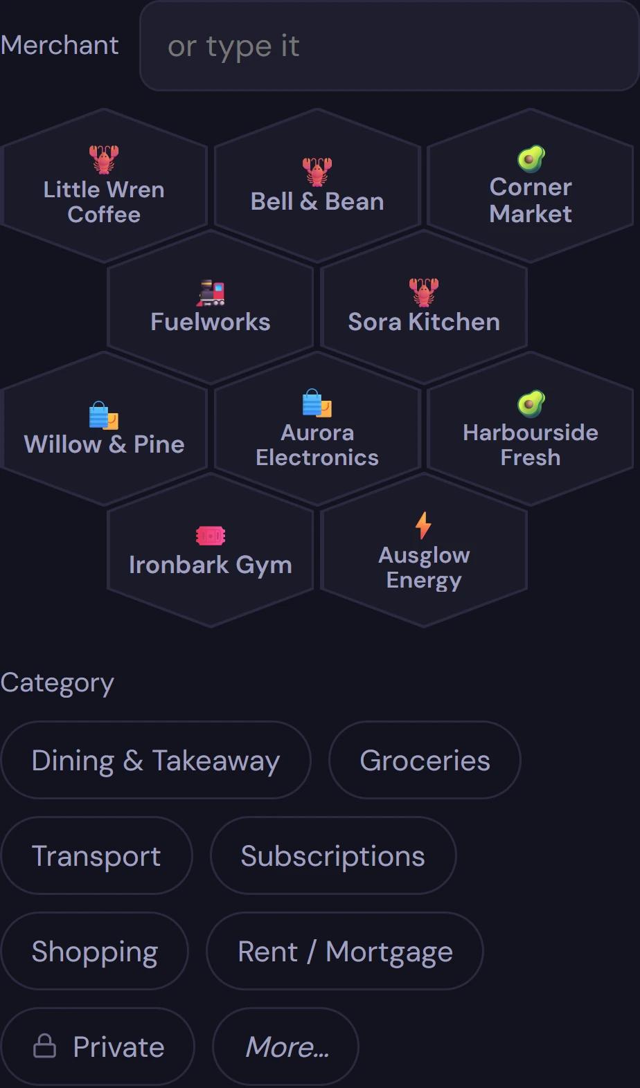 Your usual shops as tappable chips above the categories.