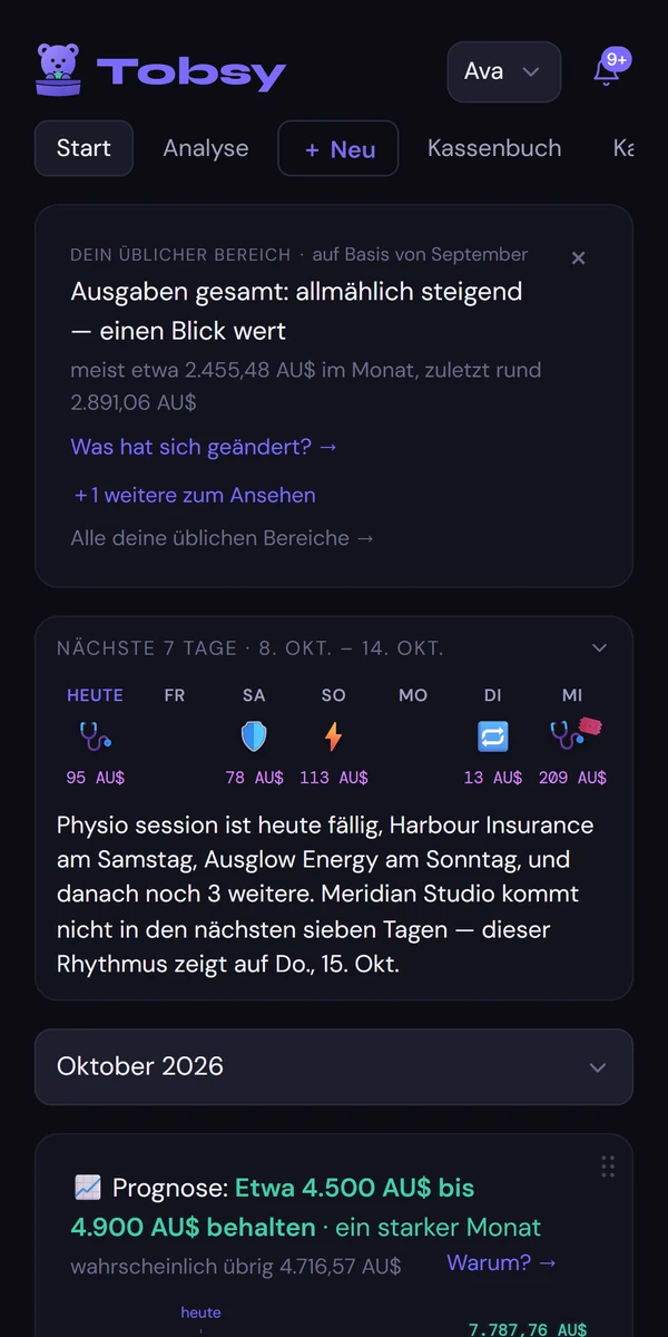 Tobsy’s Home screen in German.