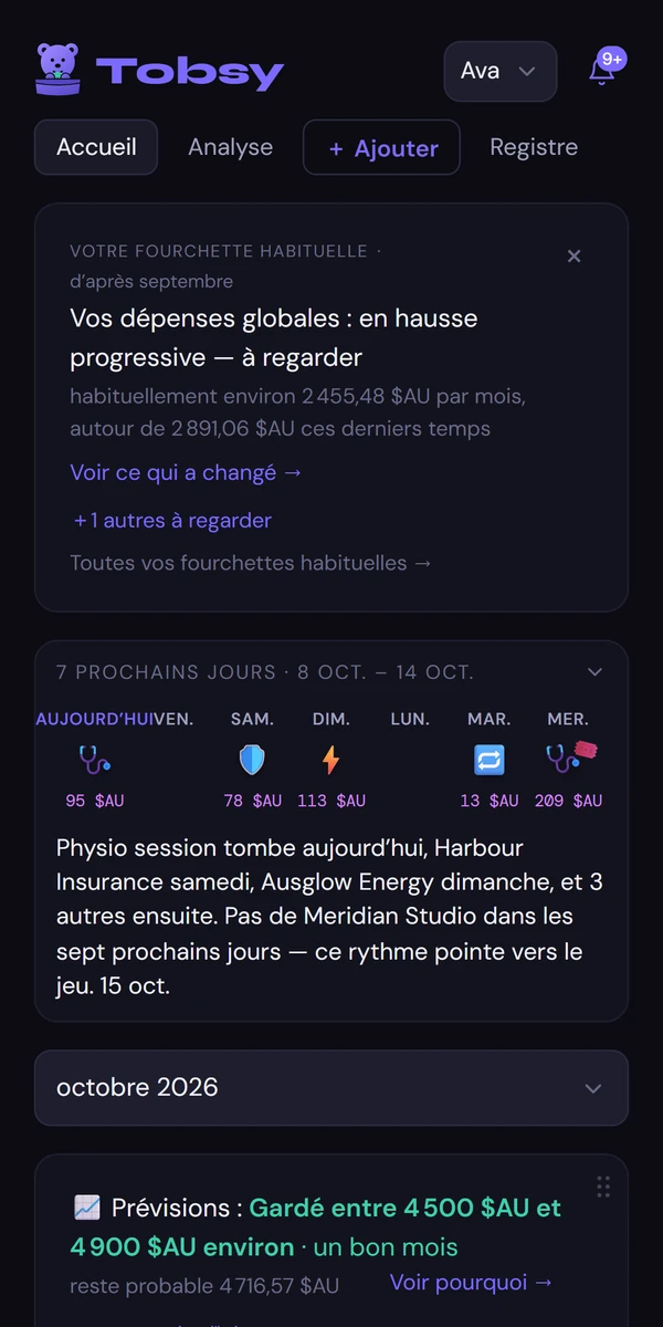 Tobsy’s Home screen in French.