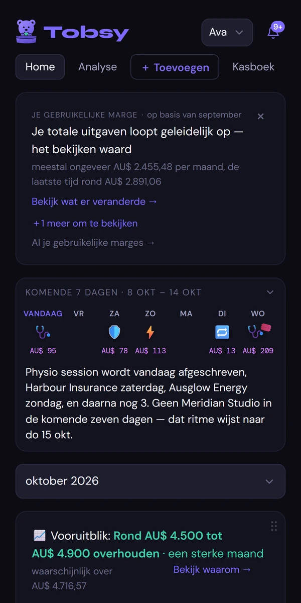 Tobsy’s Home screen in Dutch.