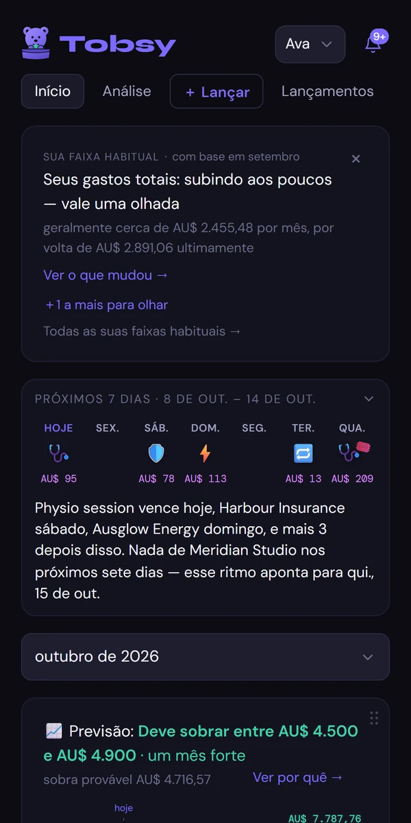 Tobsy’s Home screen in Portuguese.