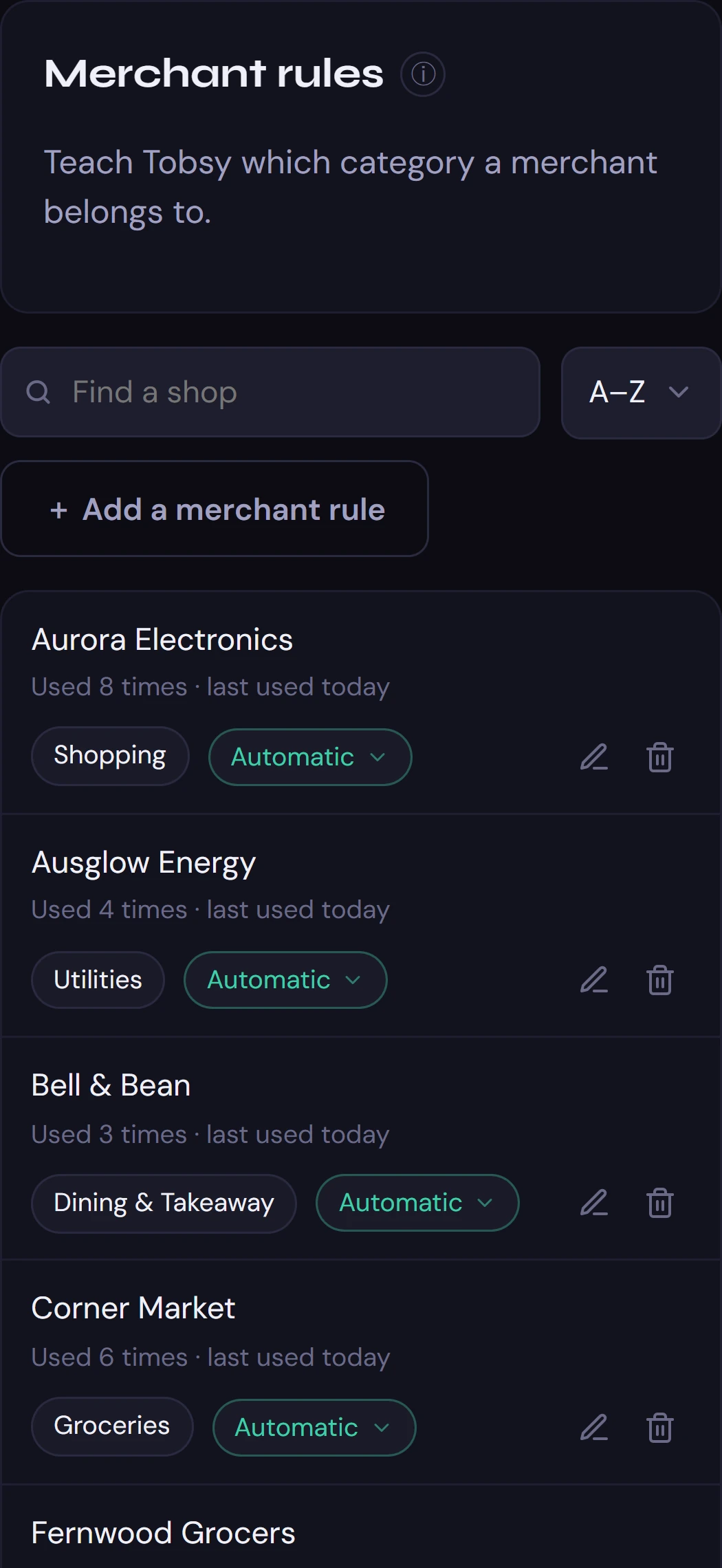 Merchant rules: each shop, how often it is used, and the category it goes to.