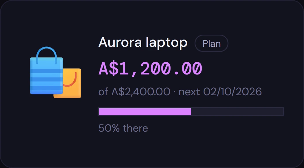 A laptop paid over time: A$1,200 of A$2,400, the next instalment date.