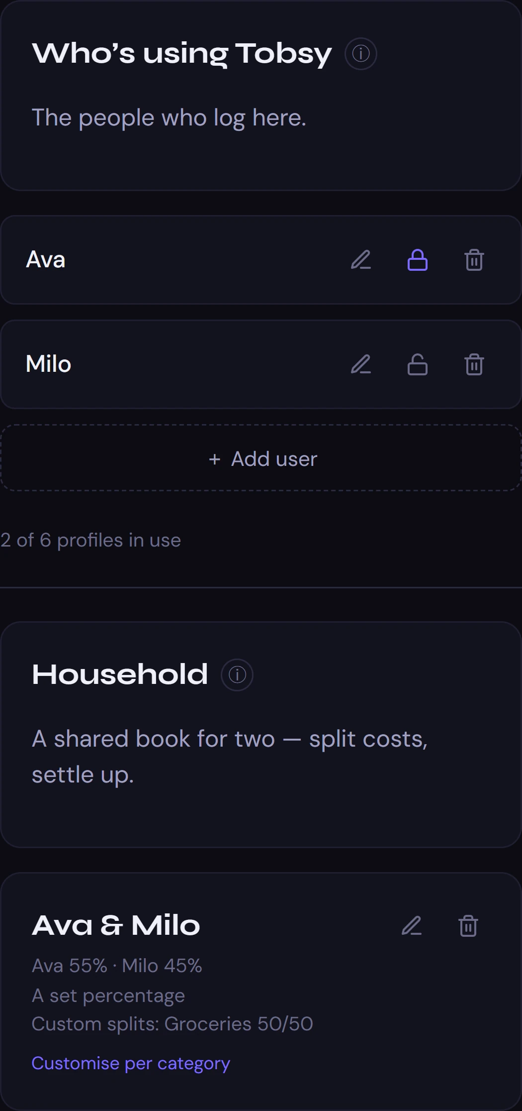 Profiles: Ava and Milo, and their household with a 55/45 split and Groceries split 50/50.