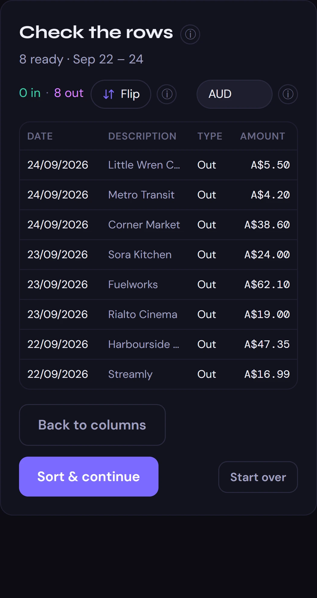 Tobsy’s check of the rows it read from that screenshot: date, description and amount.