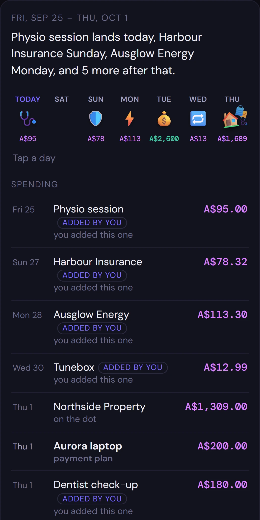 The next seven days: each bill and pay listed by the day it lands.